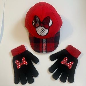 Disney Jr. Minnie Mouse ball cap & matching gloves. Red & black, 1 size fits all